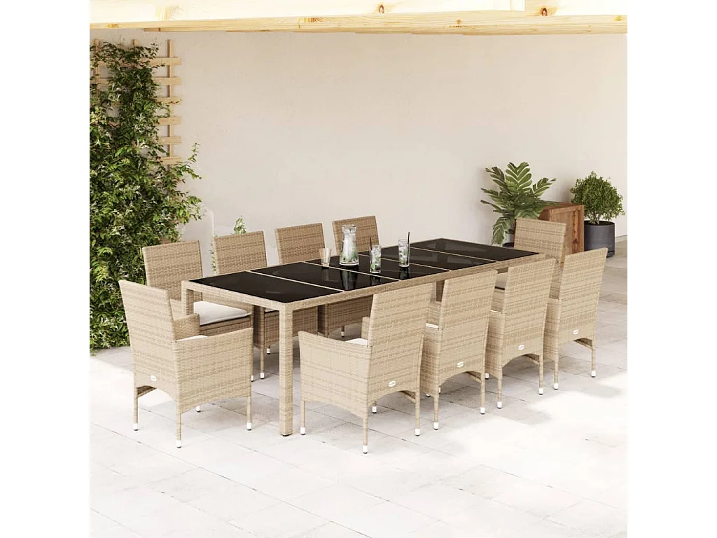 Set comedor jardín 11 piezas cojines ratán sintético vidrio beige