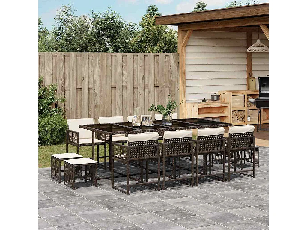 Ensemble à manger de jardin avec coussins 13 pièces marron rotin