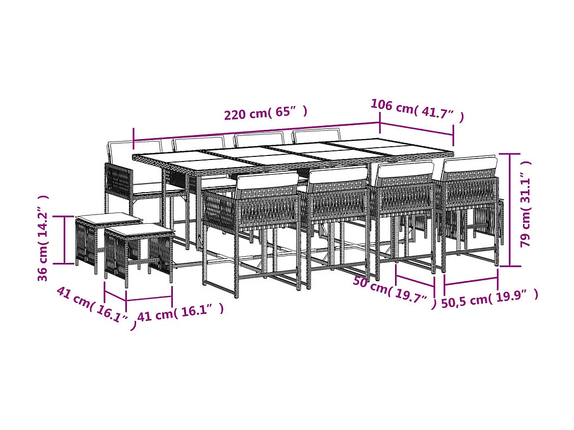 Set comedor de jardín con cojines 13 piezas ratán sintético beige