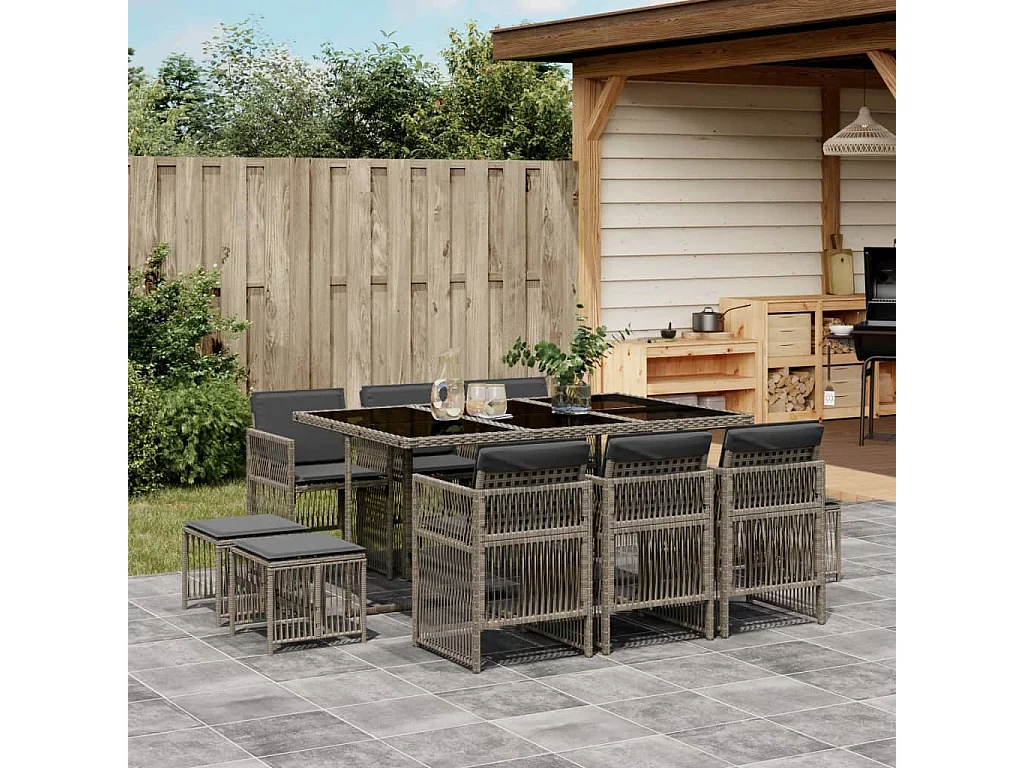 11 peças conjunto jantar para jardim com almofadões vime PE cinzento