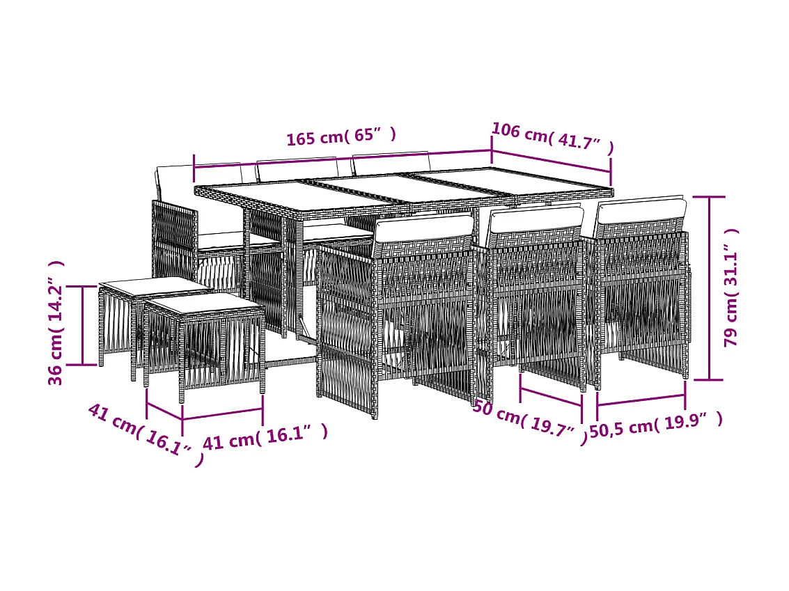 11 peças conjunto jantar para jardim com almofadões vime PE cinzento