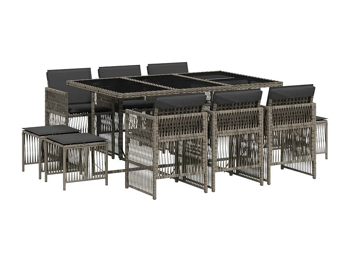 Set de comedor de jardín 11 piezas y cojines ratán sintético gris