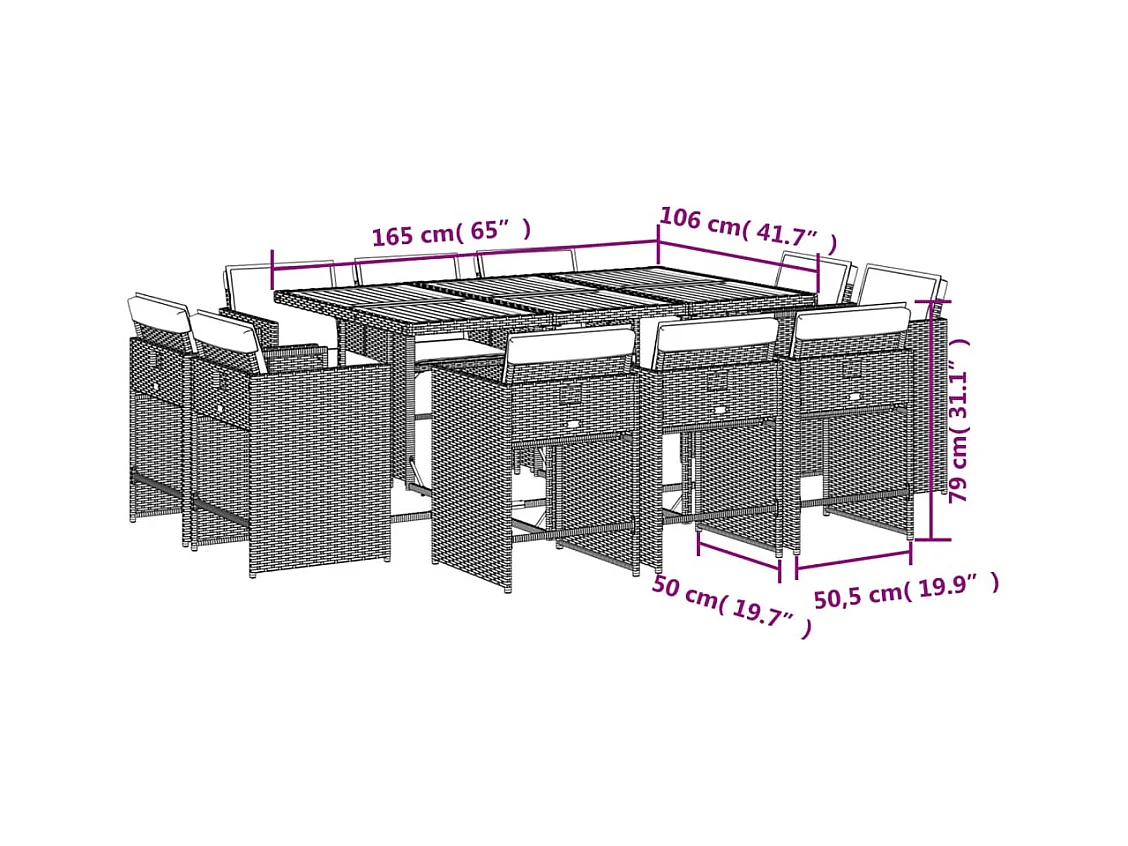 Ensemble à manger de jardin 11 pièces avec coussins gris poly rotin
