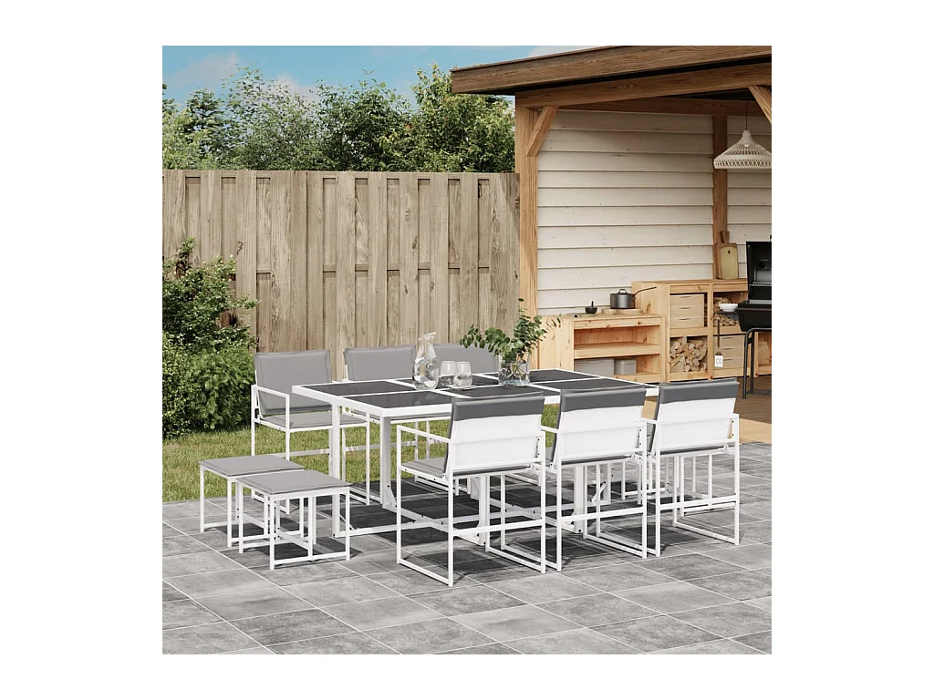 Ensemble à manger de jardin avec coussins 11 pièces blanc textilène