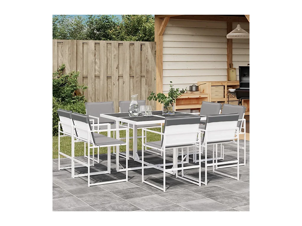 Ensemble à manger de jardin avec coussins 9 pièces blanc textilène