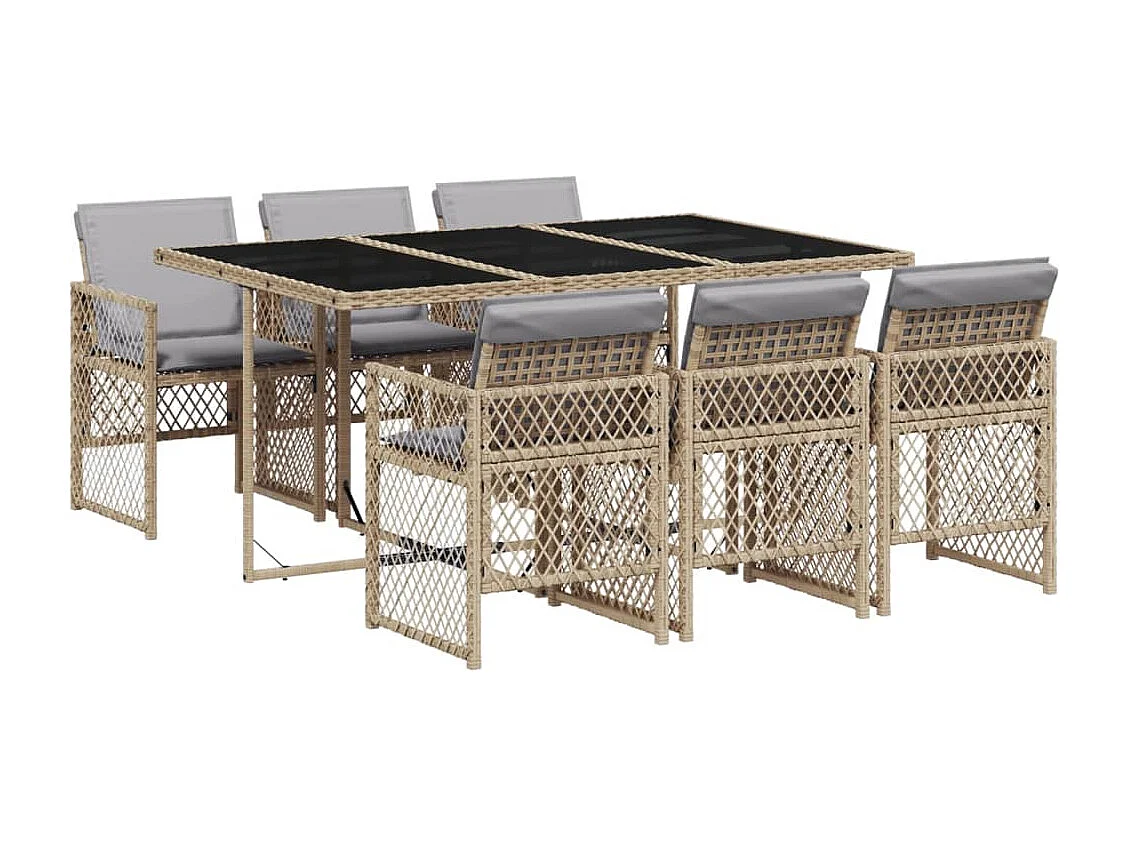 Ensemble à manger de jardin et coussins 7 pièces beige poly rotin