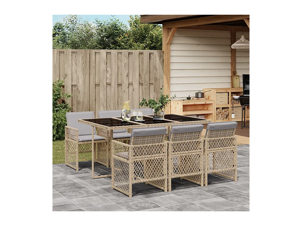 Ensemble à manger de jardin et coussins 7 pièces beige poly rotin