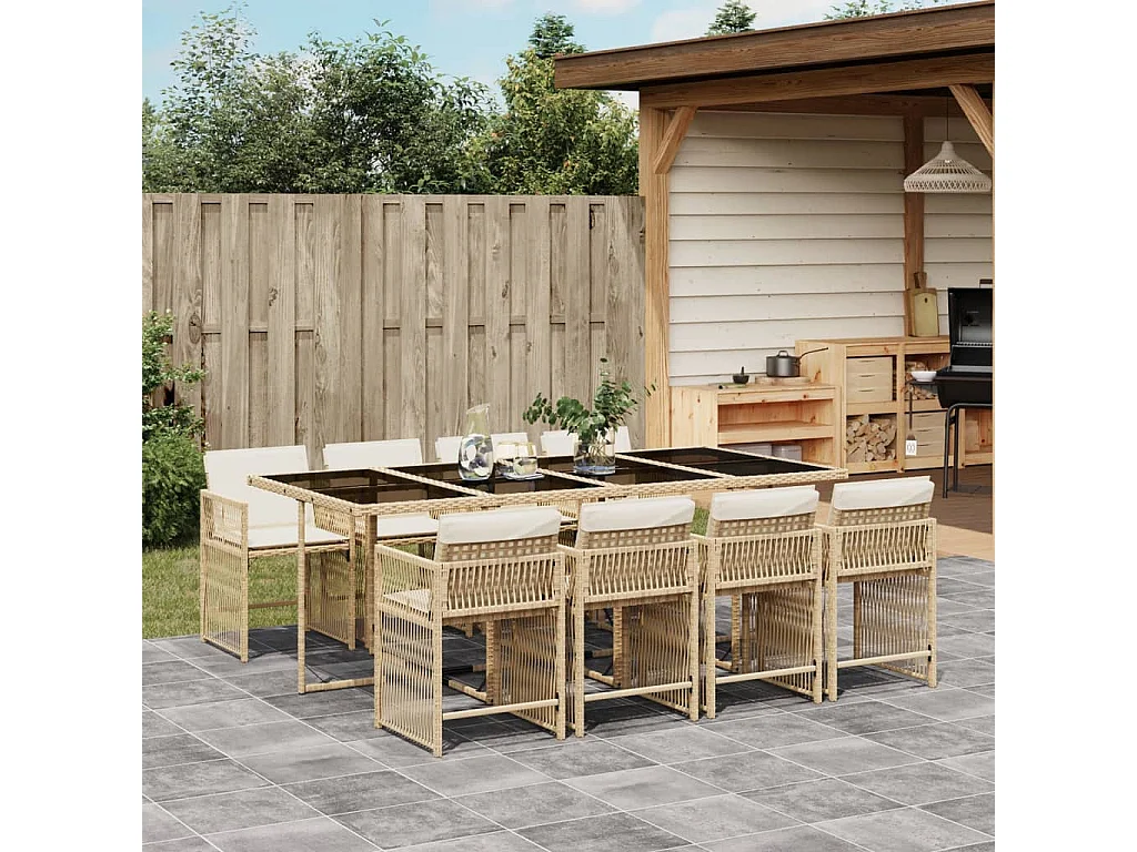 Ensemble à manger de jardin et coussins 9 pièces beige Poly rotin