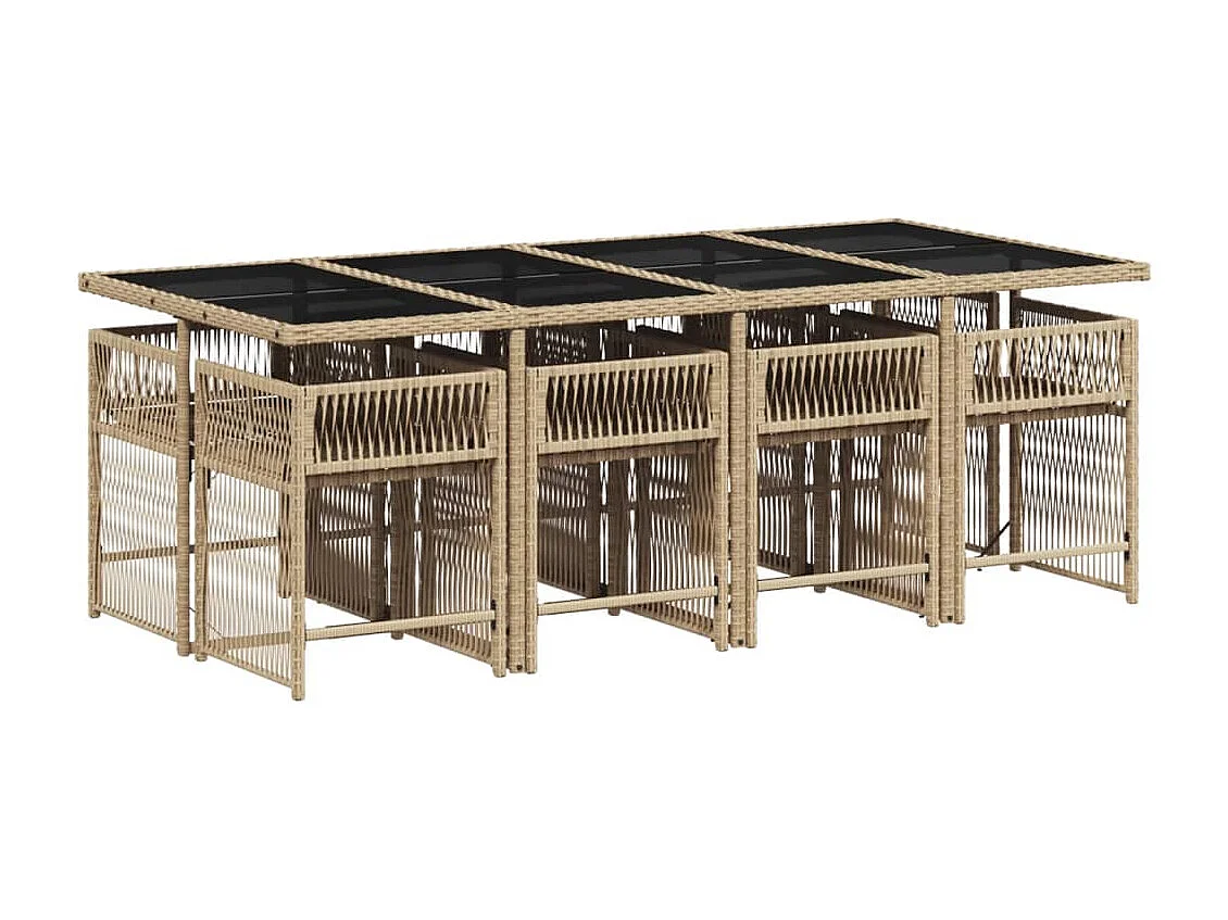 Ensemble à manger de jardin et coussins 9 pièces beige Poly rotin