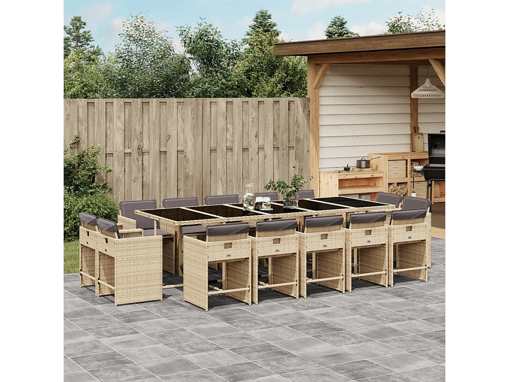 Ensemble à manger de jardin et coussins 15 pièces mélange beige