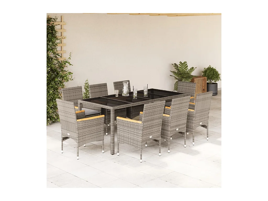 Ensemble à manger de jardin et coussins 9 pièces gris rotin verre