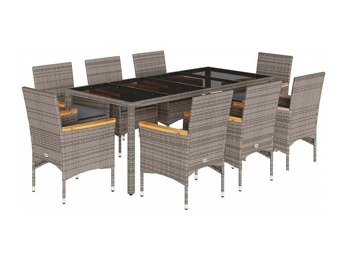9-delige Tuinset met kussens poly rattan en glas grijs