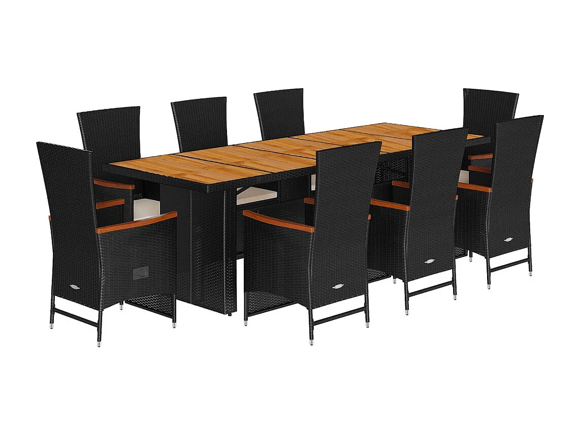 Set de comedor de jardín 9 piezas y cojines ratán sintético negro