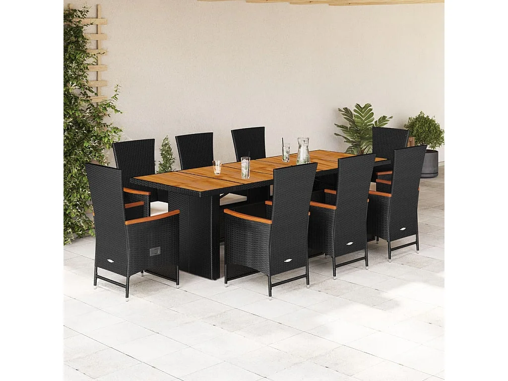 9 peças conjunto de jantar para jardim com almofadões vime PE preto