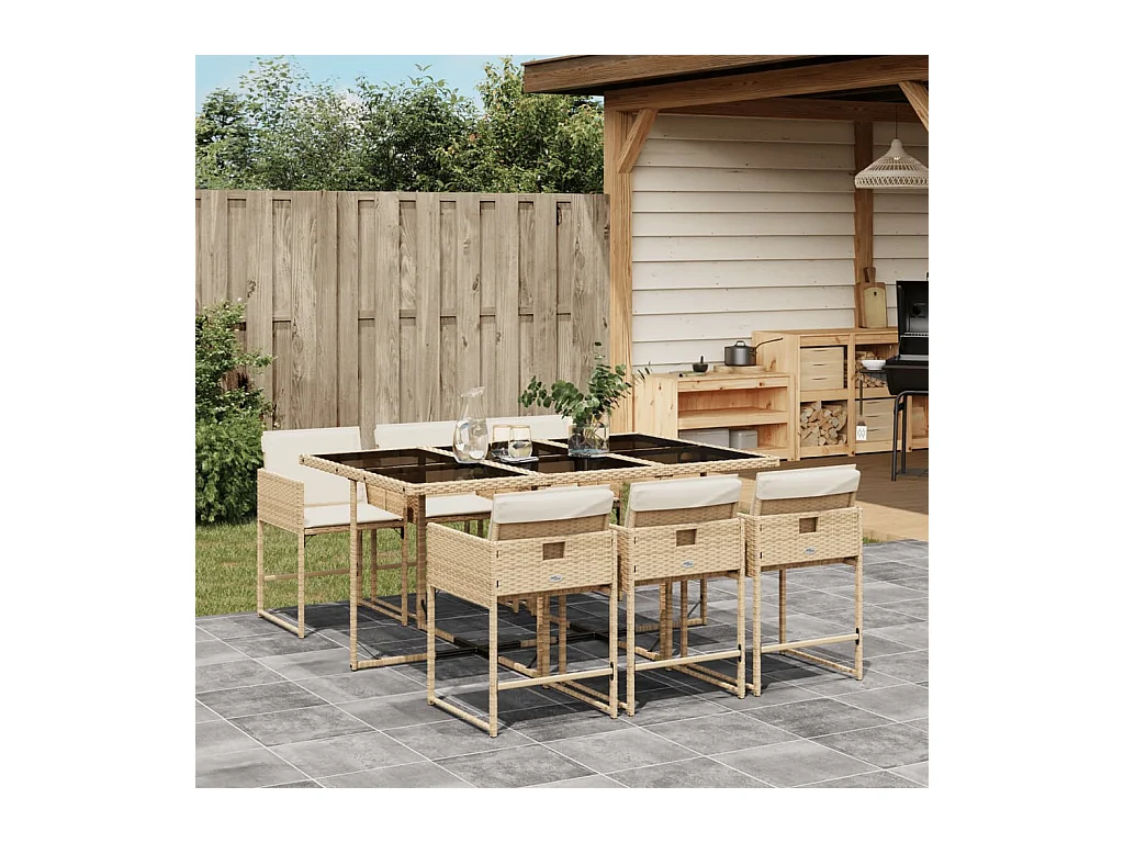 Ensemble à manger de jardin et coussins 7 pièces beige poly rotin