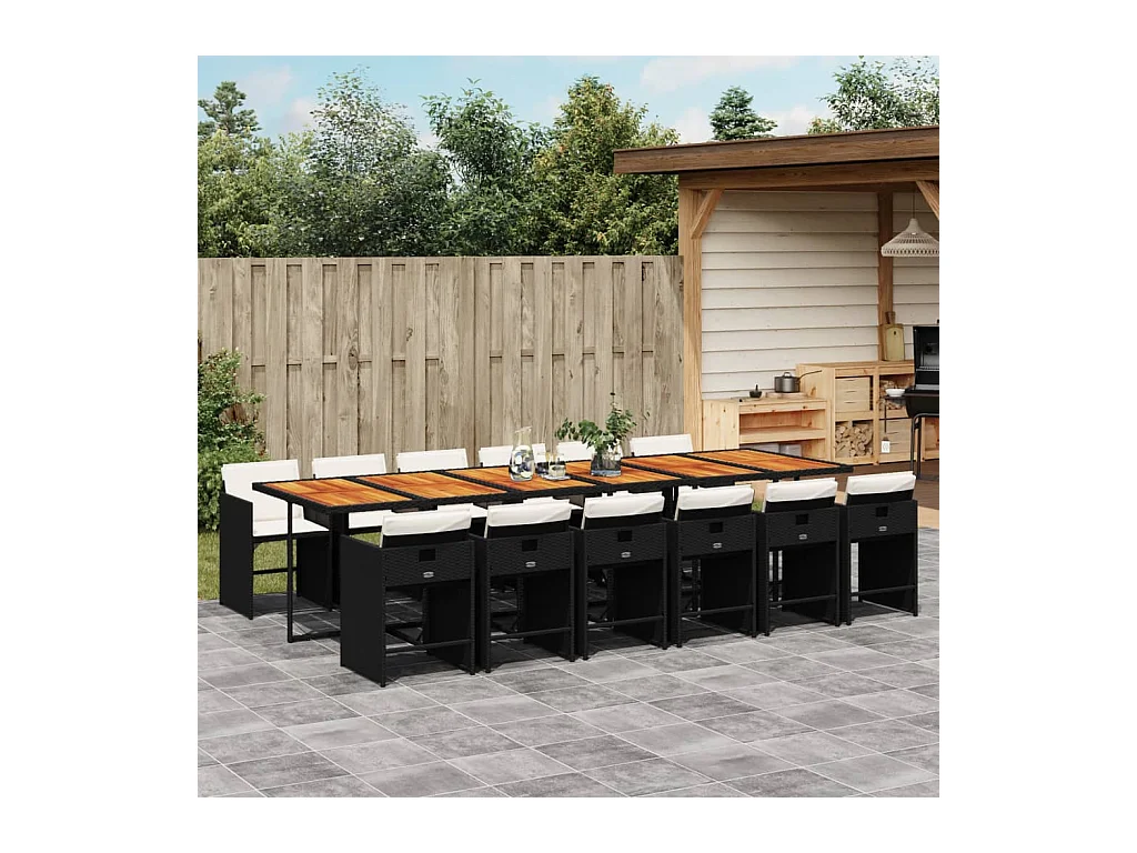 Set comedor de jardín con cojines 13 piezas ratán sintético negro