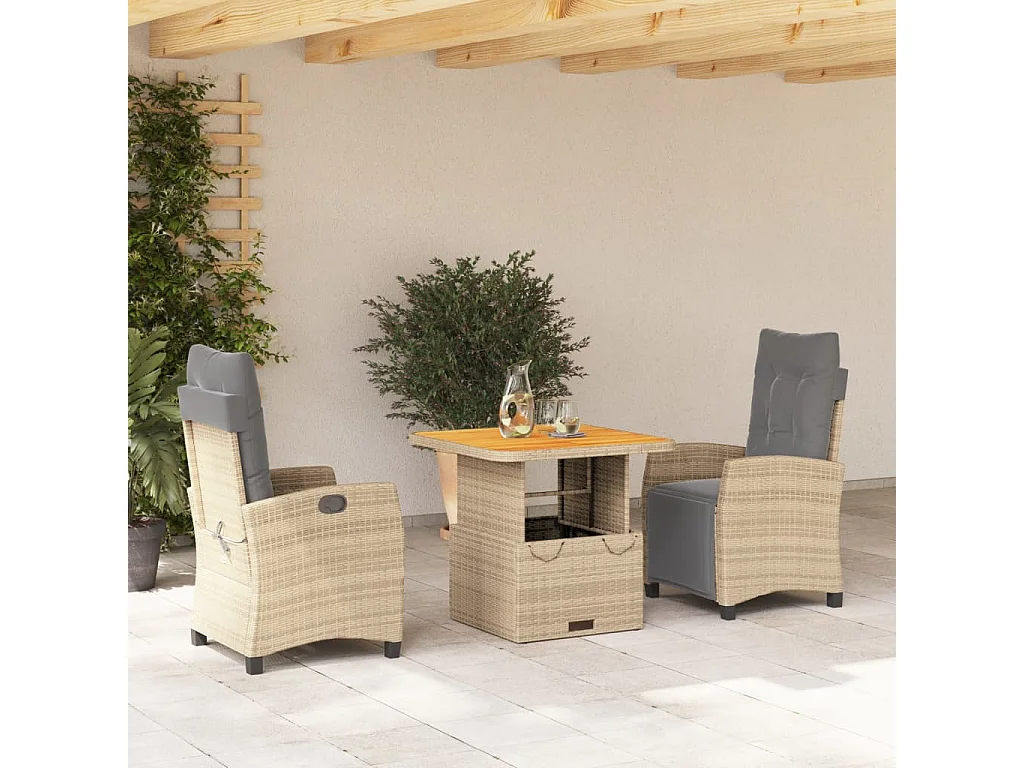 3 peças conjunto de jantar para jardim com almofadões vime PE bege