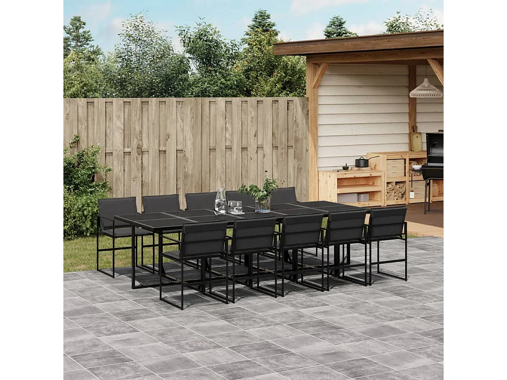 Ensemble à manger de jardin avec coussins 11 pièces noir textilène
