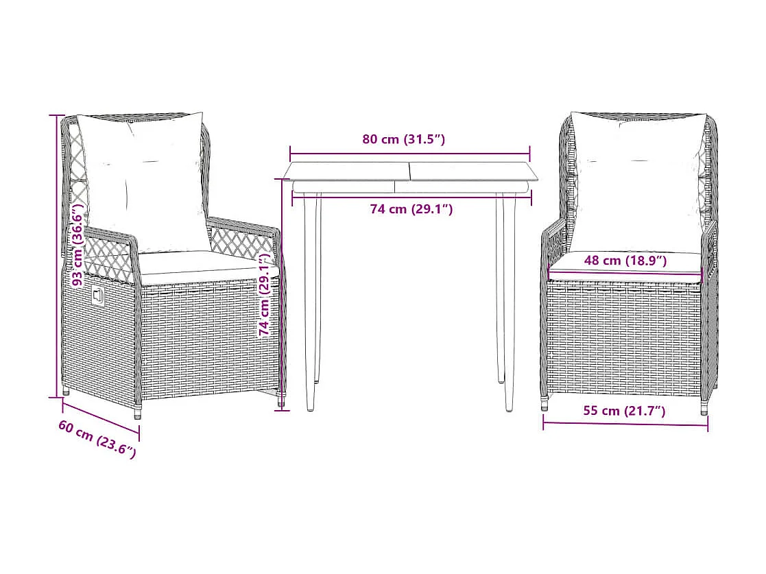 3 peças conjunto de jantar para jardim com almofadões vime PE cinza