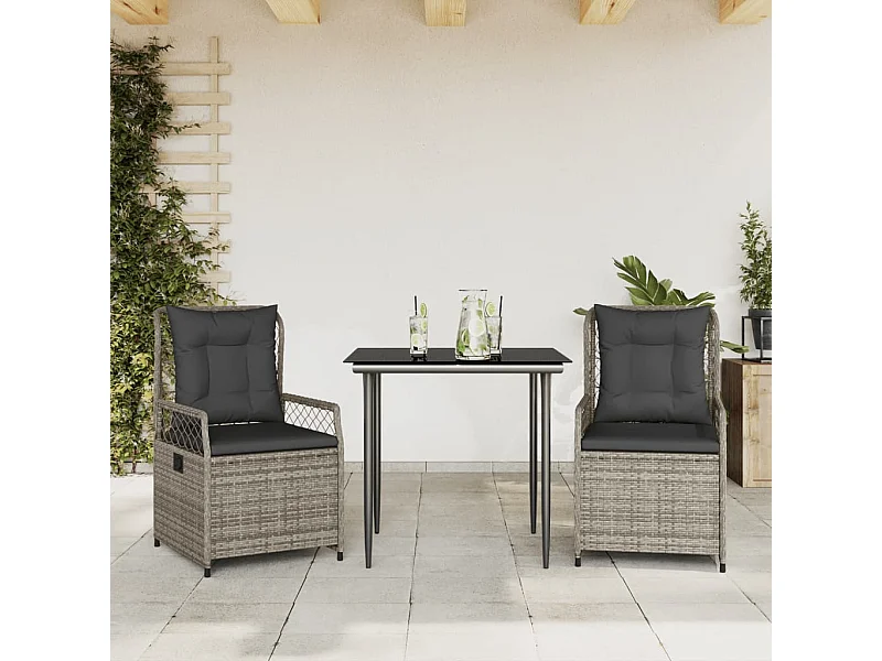 Set comedor de jardín 3 piezas con cojines ratán sintético gris