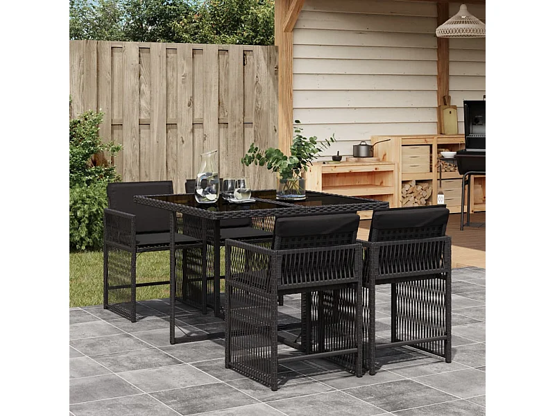 5-delige Tuinset met kussens poly rattan zwart