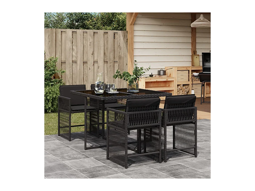 5-delige Tuinset met kussens poly rattan zwart