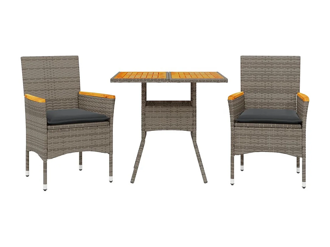 Set de comedor jardín 3 piezas con cojines ratán PE acacia gris