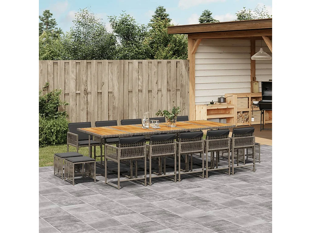 15-delige Tuinset met kussens poly rattan grijs