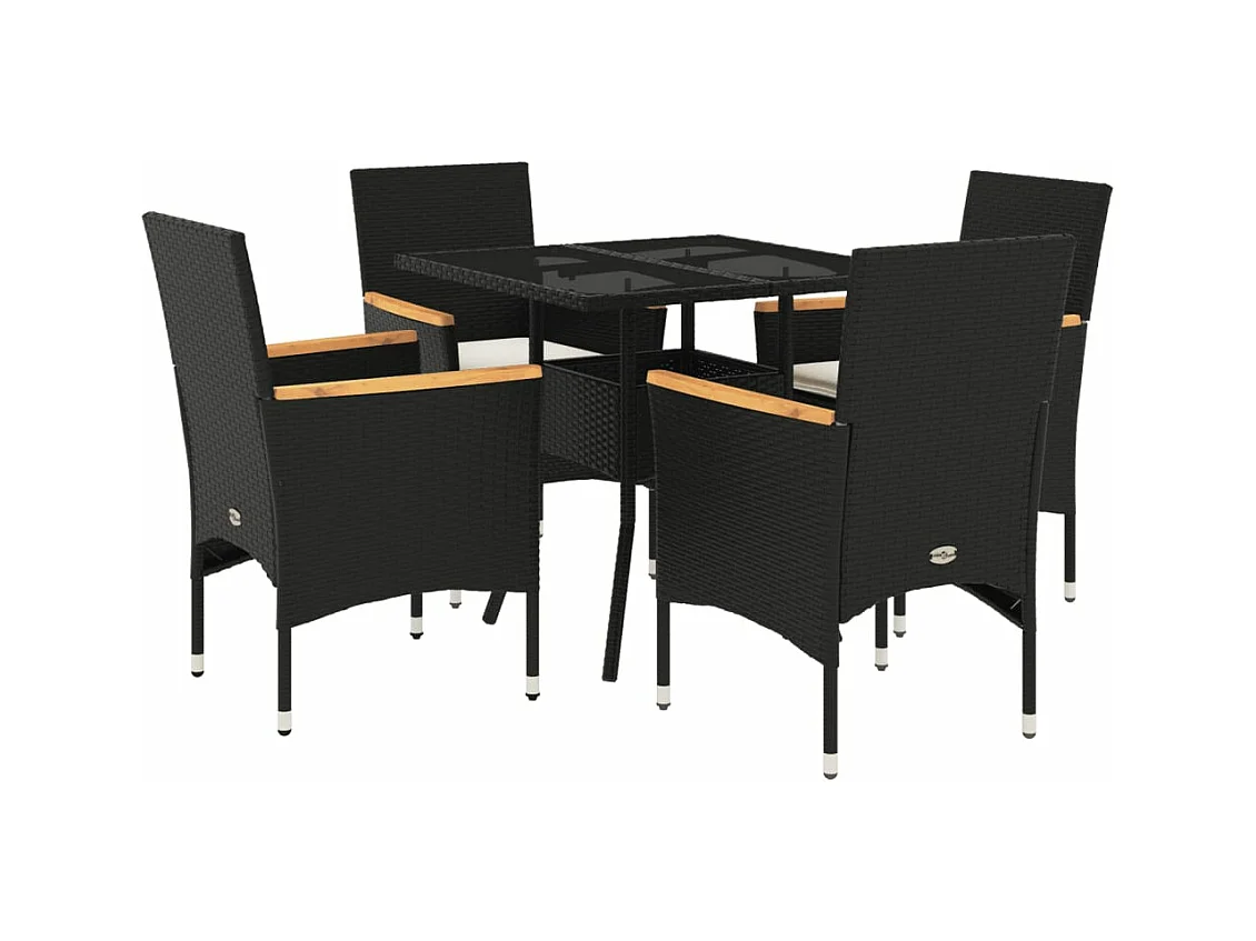 Ensemble à manger de jardin et coussins 5 pièces noir rotin verre