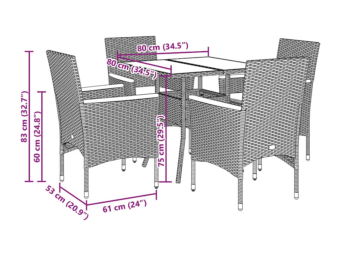 5-delige Tuinset met kussens poly rattan en glas zwart