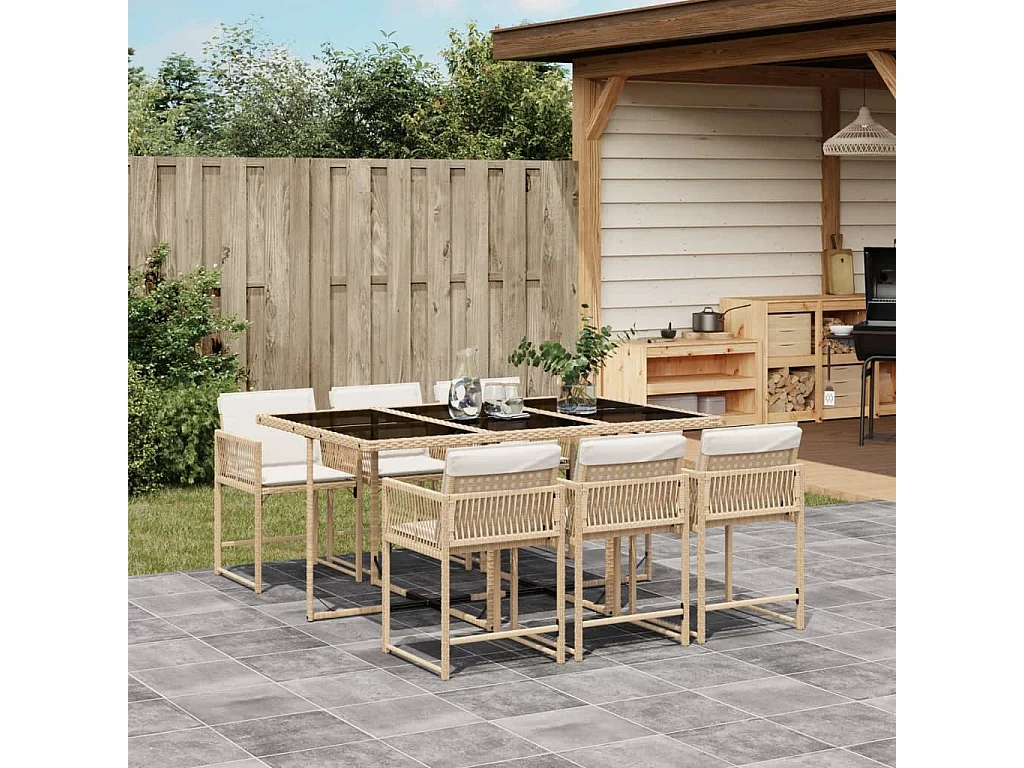 Ensemble à manger de jardin et coussins 7 pièces beige poly rotin