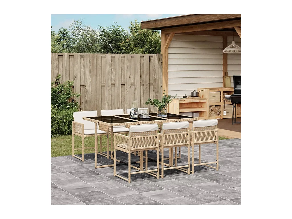 Ensemble à manger de jardin et coussins 7 pièces beige poly rotin