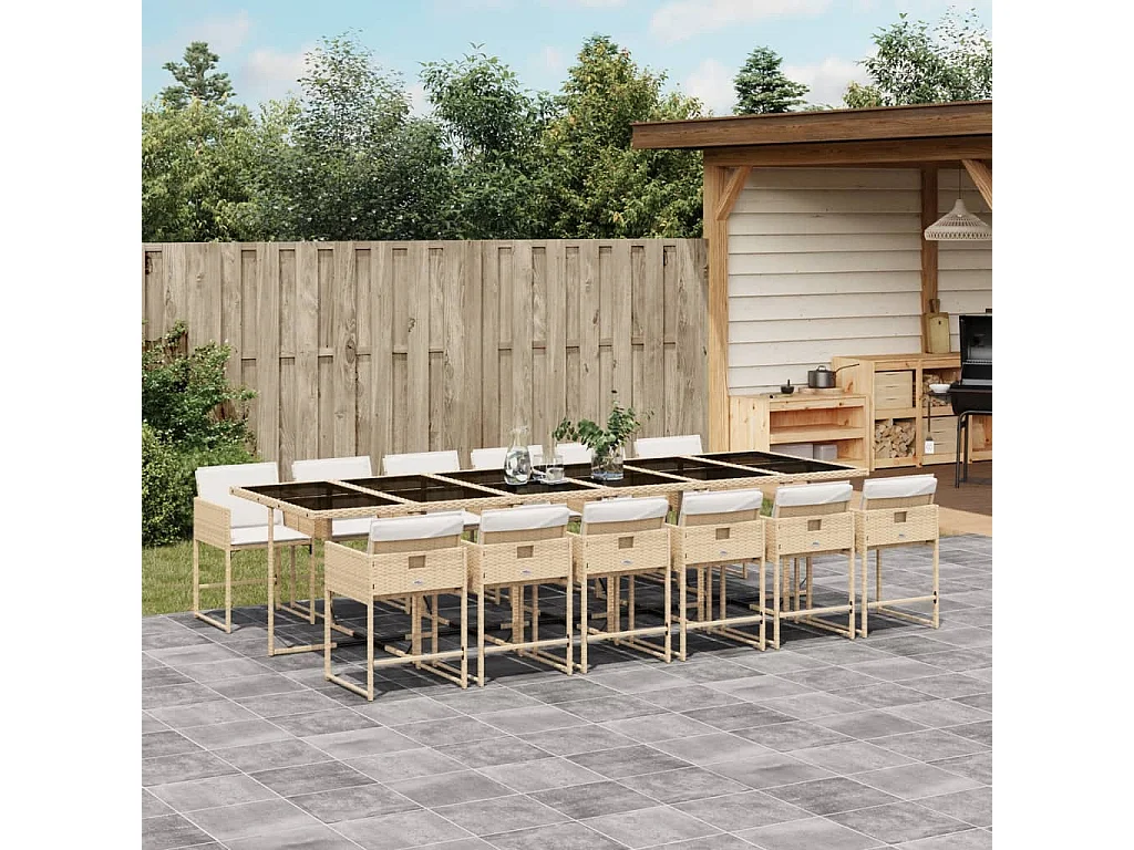 Set comedor de jardín con cojines 13 piezas ratán sintético beige