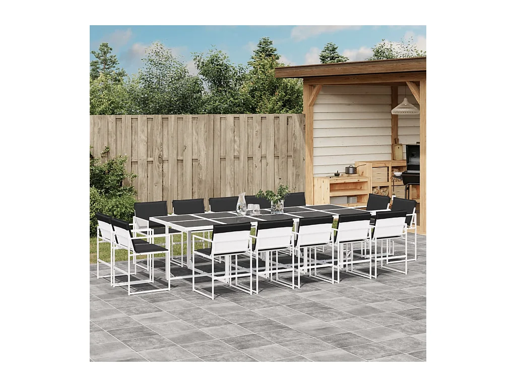 Ensemble à manger de jardin avec coussins 15 pièces blanc textilène
