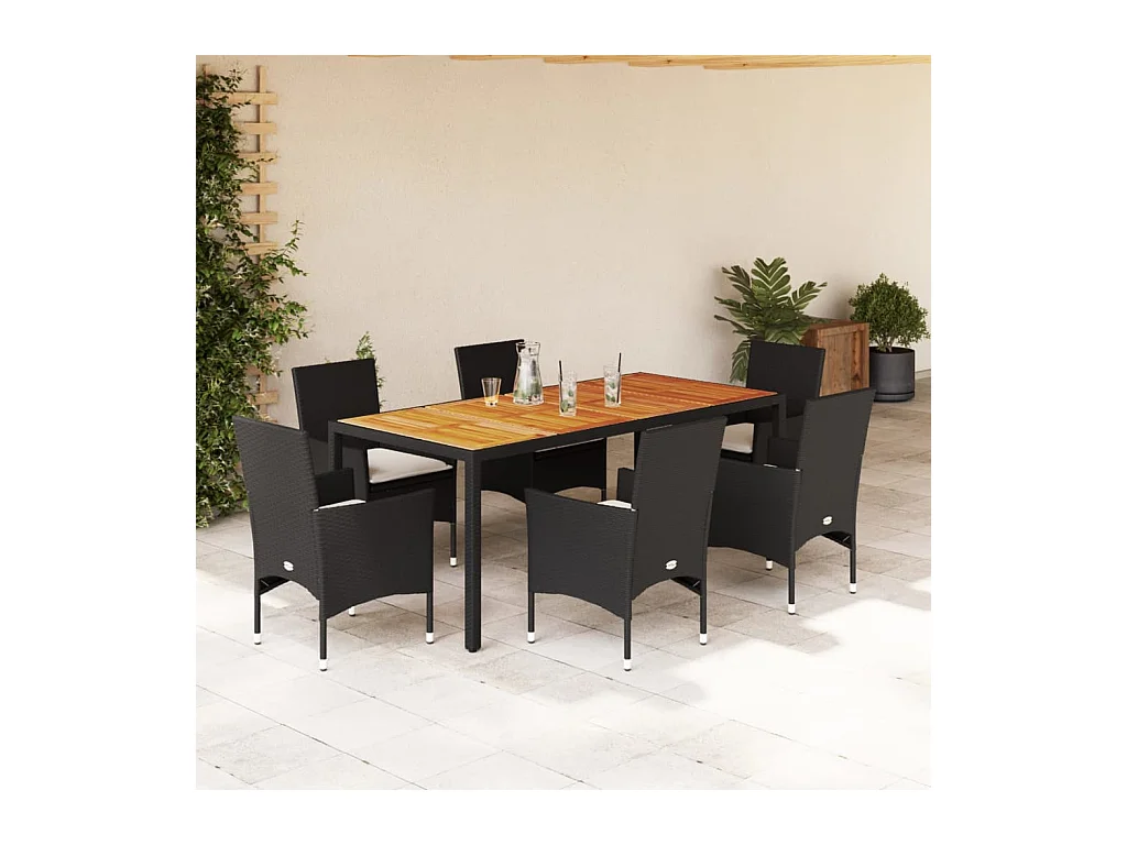 Ensemble à manger de jardin et coussins 7 pièces noir rotin acacia
