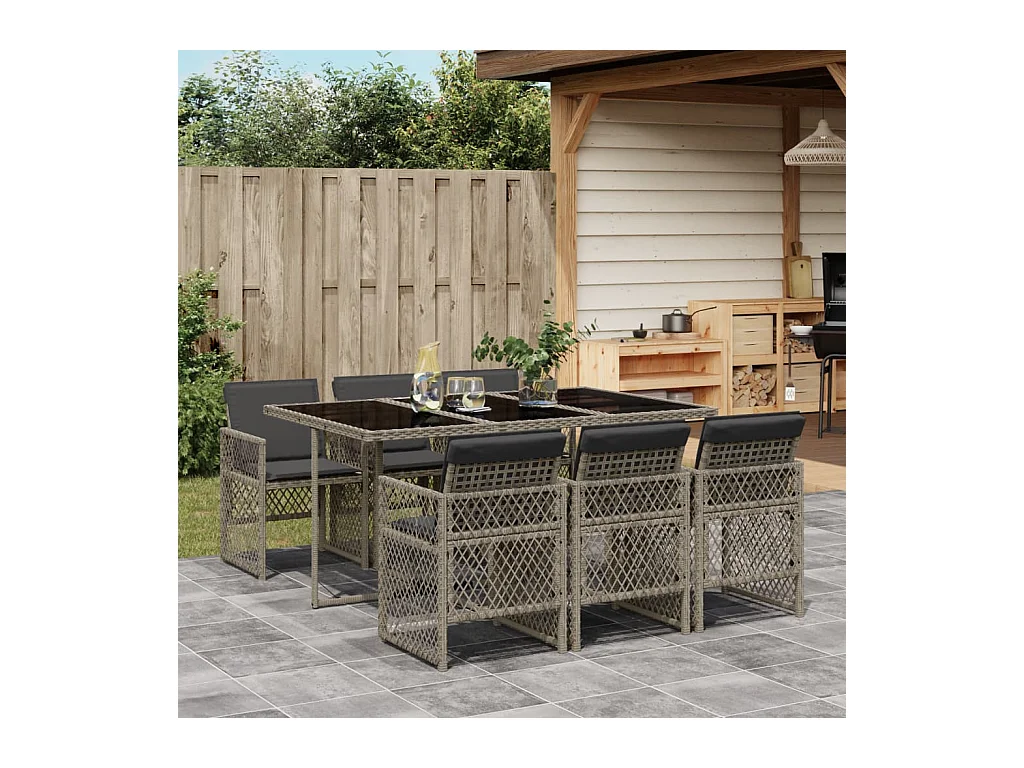 Set comedor jardín 7 piezas y cojines ratán sintético gris