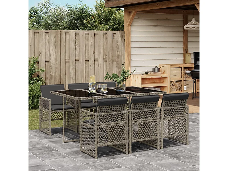 Ensemble à manger de jardin et coussins 7 pièces gris rotin