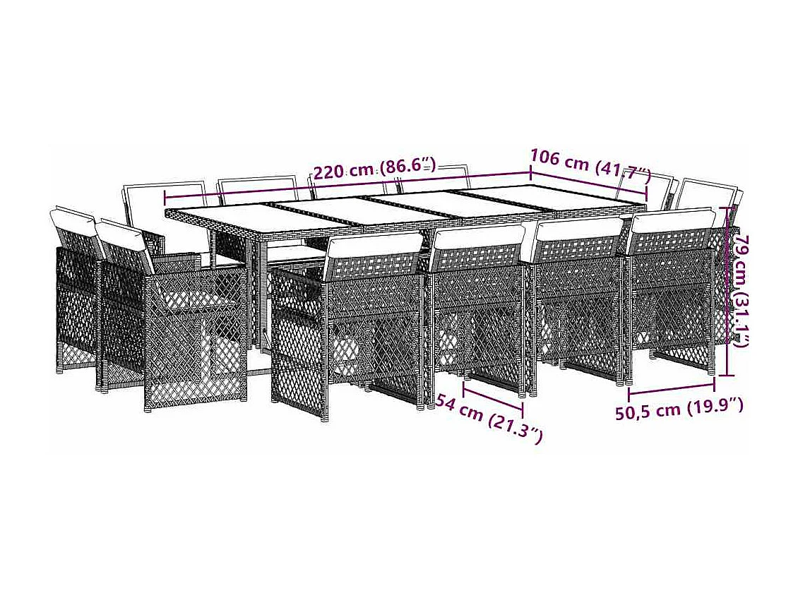 Set comedor jardín y cojines 13 piezas ratán sintético gris claro
