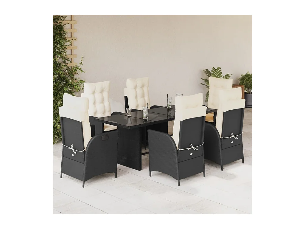 Set de comedor de jardín 7 piezas y cojines ratán sintético negro