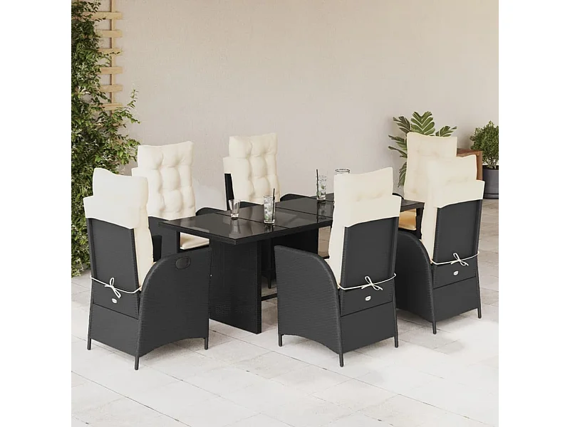 Set de comedor de jardín 7 piezas y cojines ratán sintético negro