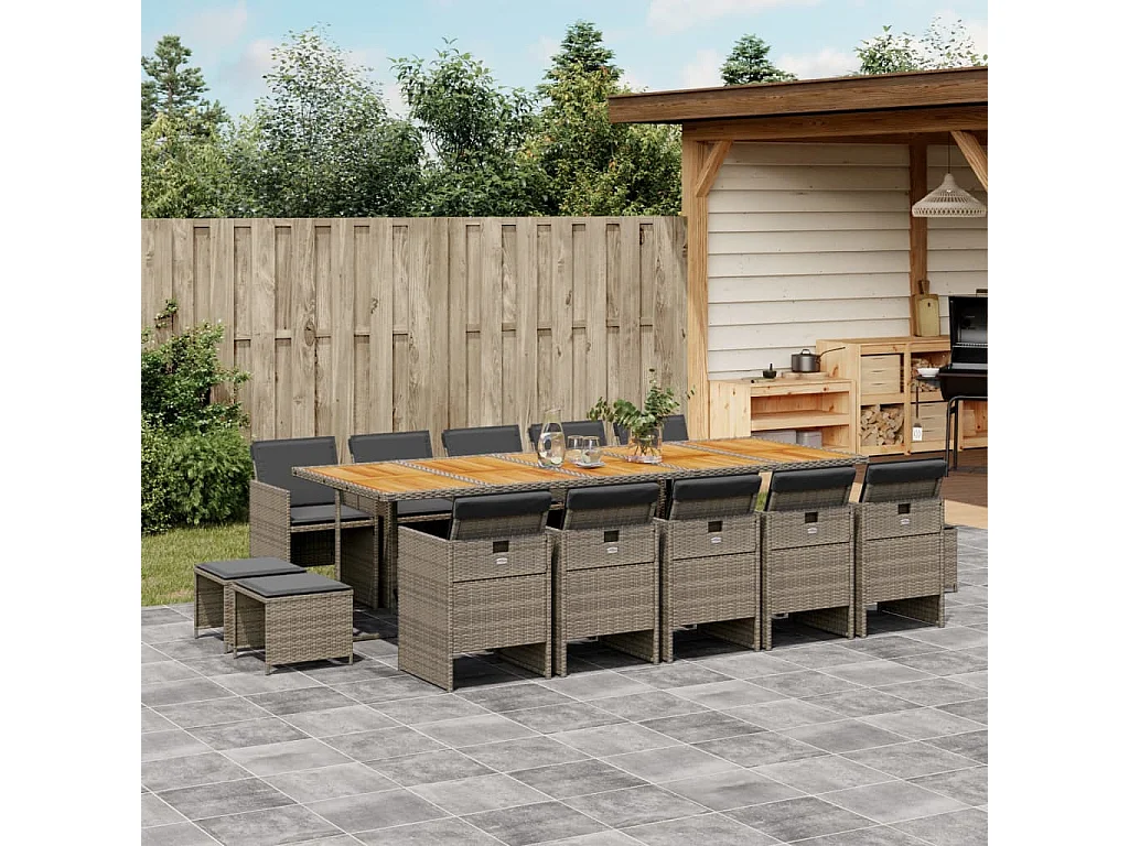 15-delige Tuinset met kussens poly rattan grijs