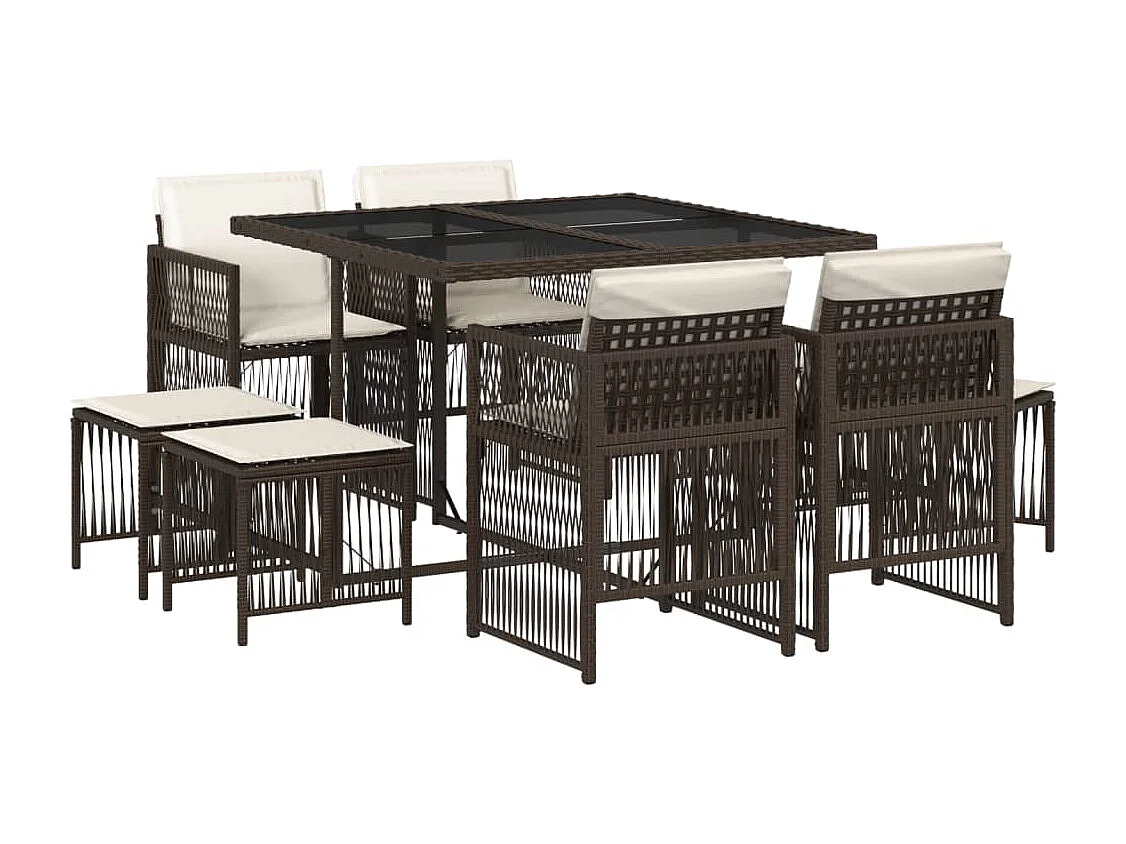 Ensemble à manger de jardin et coussins 9 pièces marron poly rotin