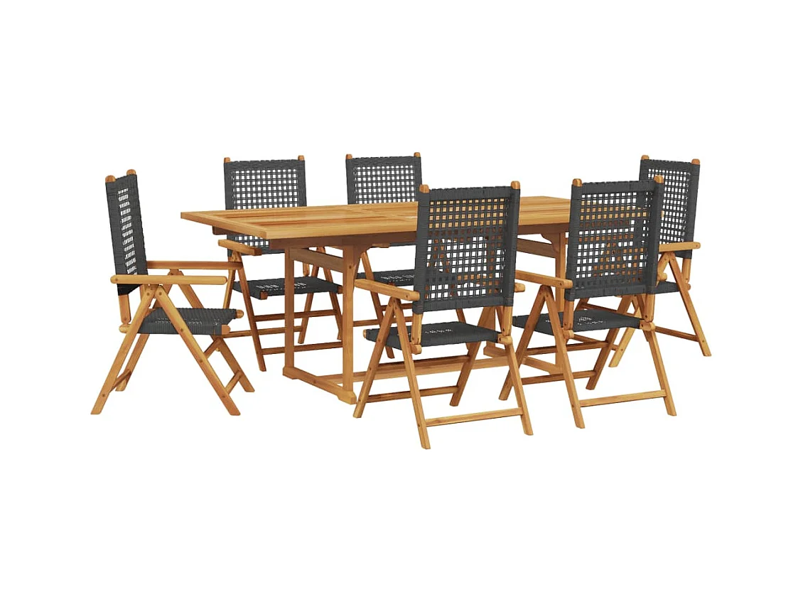 Ensemble à manger de jardin 7 pièces noir rotin et bois massif