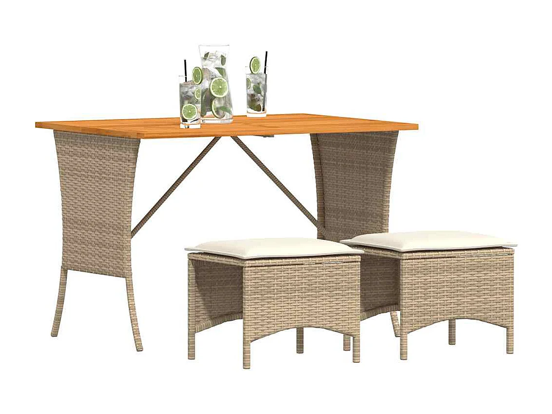 Ensemble à manger de jardin et coussins 3 pièces Beige poly rotin
