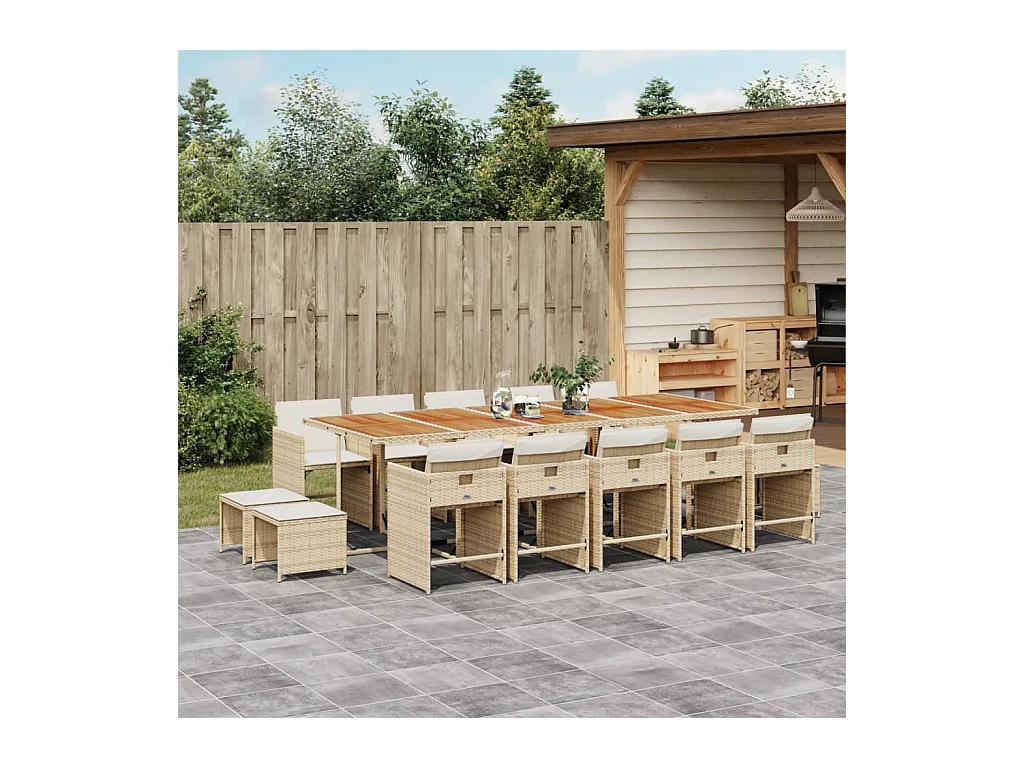 Ensemble à manger de jardin et coussins 15 pièces beige