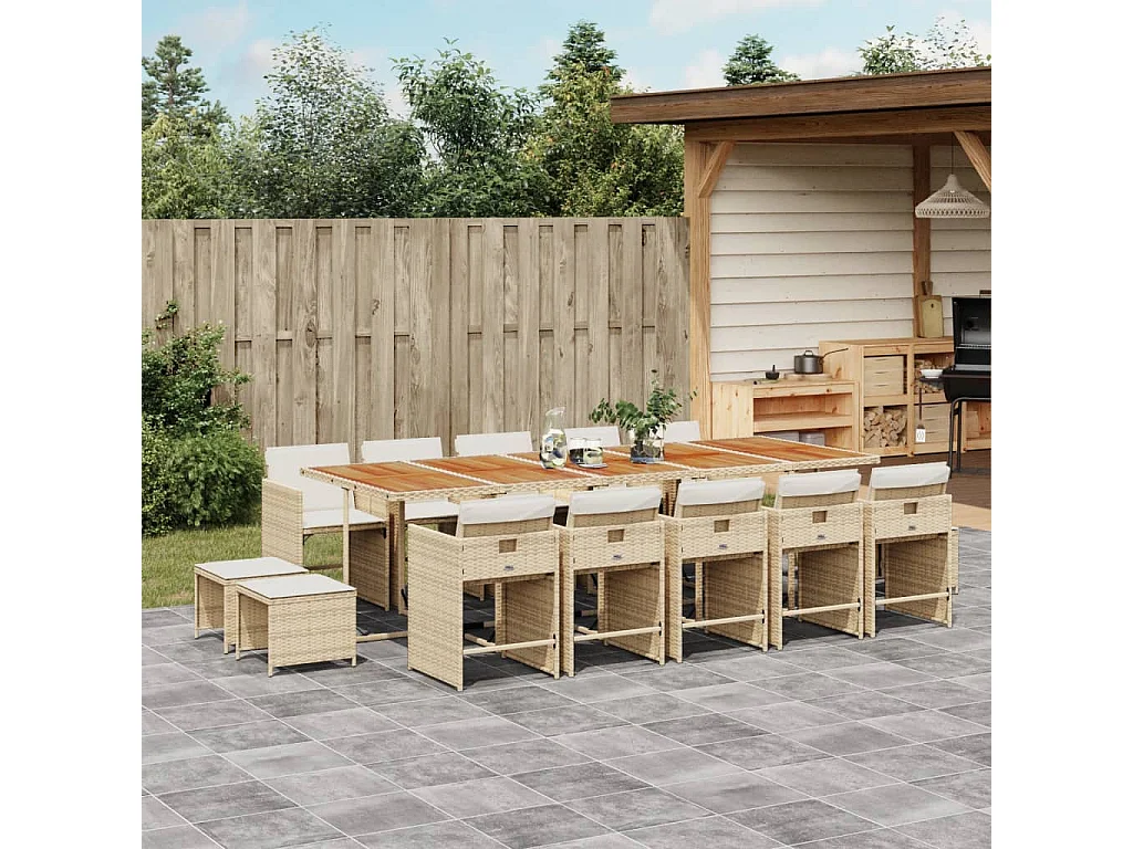 Ensemble à manger de jardin et coussins 15 pièces beige