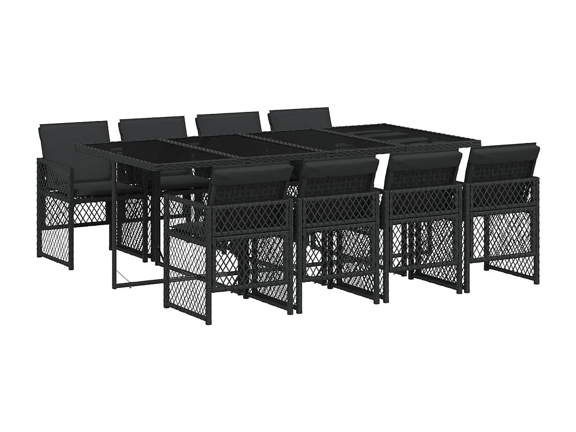 Set de comedor de jardín 9 piezas y cojines ratán sintético negro