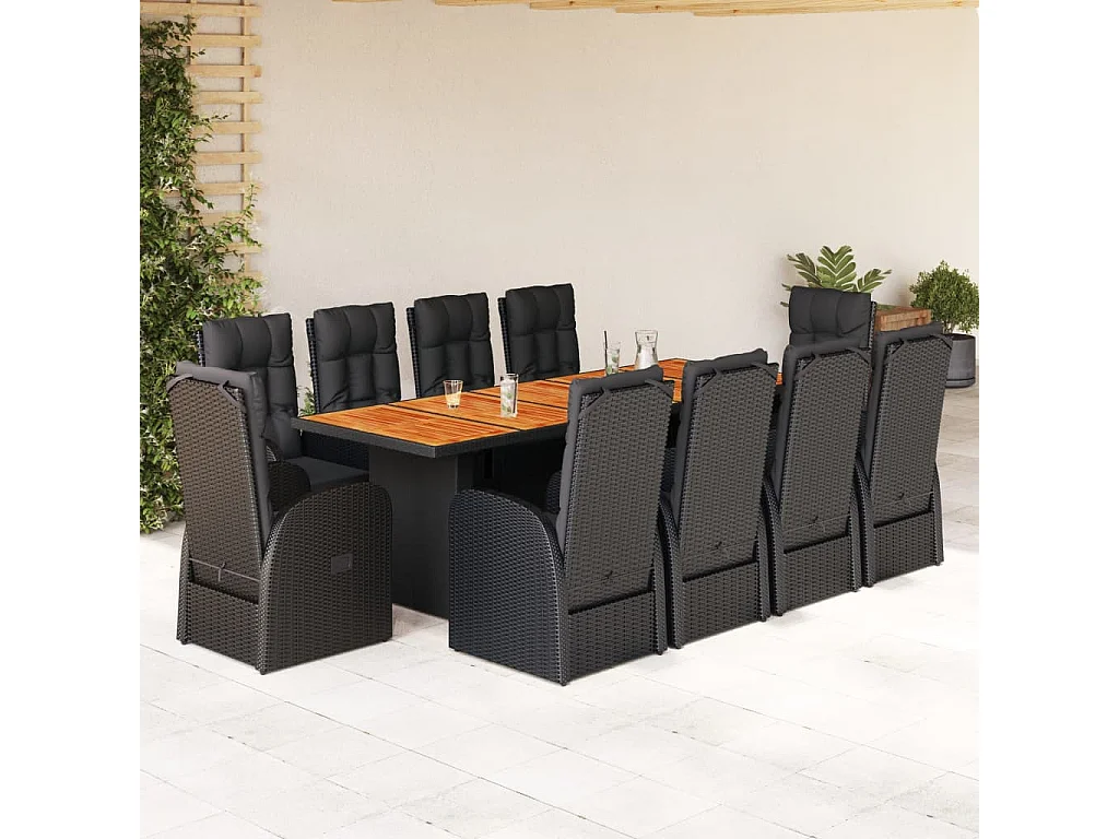 11-delige Tuinset met kussens poly rattan zwart