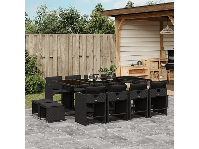 13-delige Tuinset met kussens poly rattan zwart