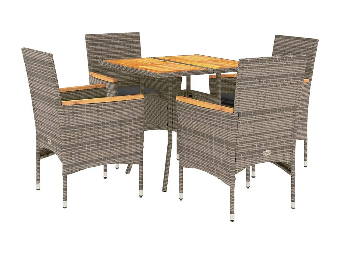 5 peças conjunto jantar jardim com almofadões vime PE/acácia cinza